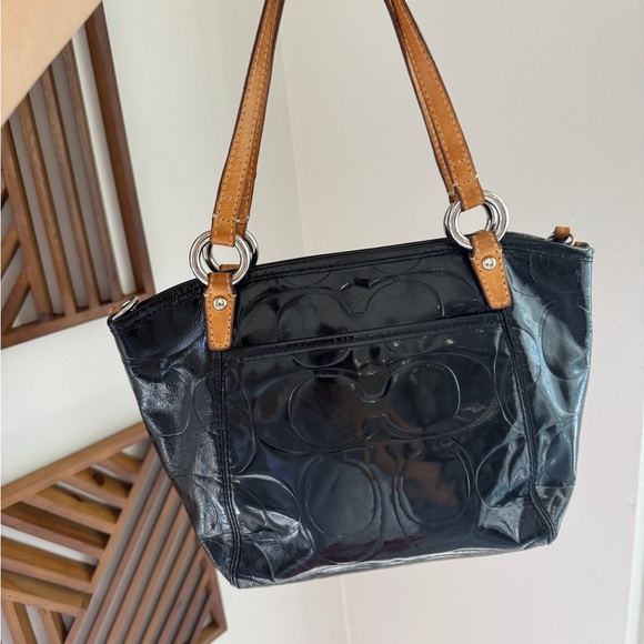 Coach Black Patent Shoulder Bag with Tan Straps - Picture 2 of 3